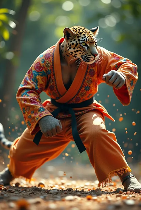 Create animalistic jiu-jitsu with aspects of jaguar pinata in kimono in Brazil