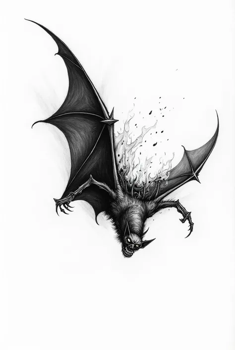 A bat falling ,  coat is not so real with one wing up and one down and that the bottom one is burning and its bones can be seen 
I want it to be falling sideways and to be in the form of a black and white drawing for a tattoo
It has to be the horizontal fa...