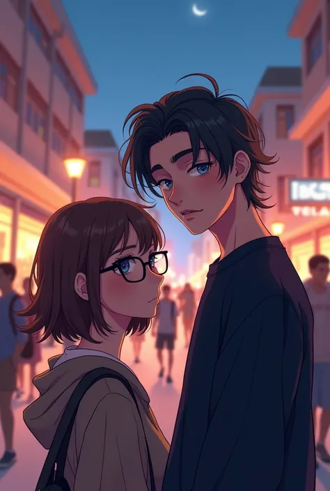  generates a boy wearing a black sweatshirt , high,  handsome with long hair on the top of his head and short with a gradient on the sides degraded on the sides,  looking into the eyes 2-3 meters away,  with a short and very pretty girl with glasses , brow...