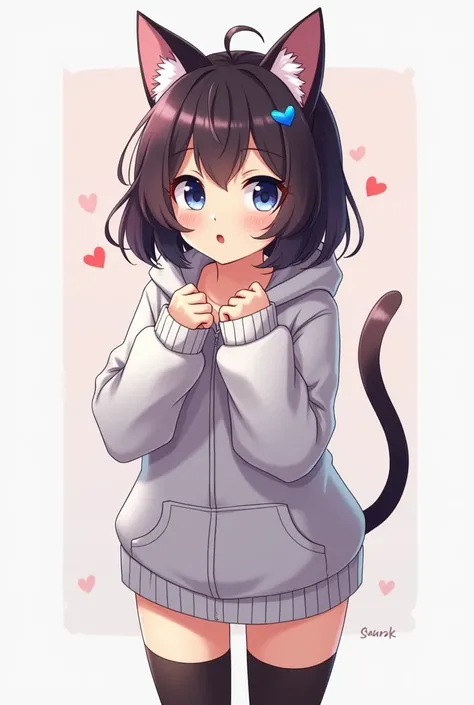 Anime catgirl with black tigh highs and a wolfcut doing the hoodie paw pose