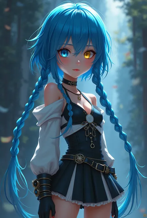  masterpiece ,  saturated with details with a yellow eye and a blue eye long legs thin thighs, elementary school girl body,  full lips ,  heavy clothes like that of a Valkyrie , sexy short hair, with two long thin braids ,  blue hair