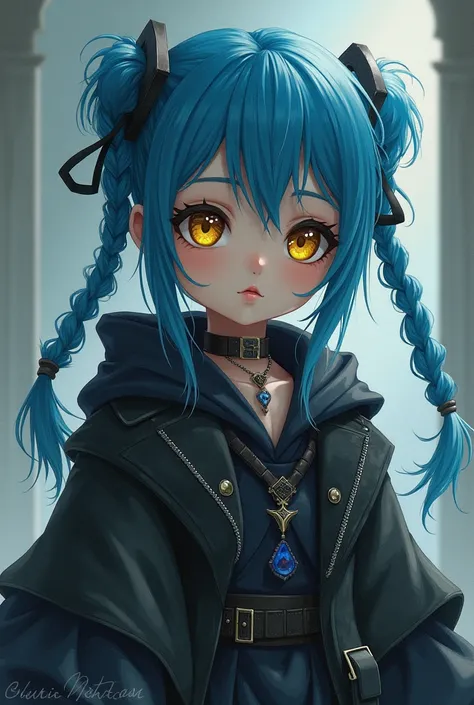  masterpiece ,  saturated with details with a yellow eye and a blue eye long legs thin thighs, elementary school girl body,  full lips ,  heavy clothes like that of a Valkyrie , sexy short hair, with two long thin braids ,  blue hair