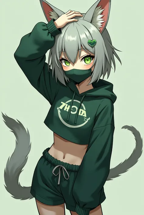 Manga-style and 3D full-body image, of a man,  half human and half feline ,  with light gray hair and light green highlights , 
 green eyes, slim physique, with a serene face,  look morbid ,  wearing a mask that covers his nose , mouth and chin ,  and wear...