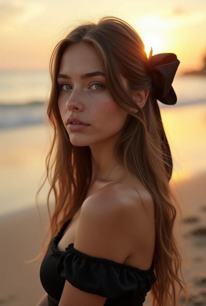 photography of a 16yo girl,best quality ,good looking face, white girl, makeup, pretty looking, brown hair, outdoors, cinematic, beach, sunset, camera further away, a few freckles on the cheek, sitting on the sand, facing away from camera, side angle, long...