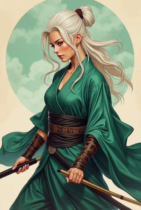 Pen and Paper character, woman, white hair,  white eyes (blind),  kimono-style combat clothing in green-black, Leather arm cuffs , with baton 