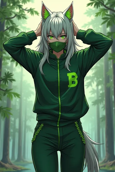 Manga-style full body image, of a man,  half human and half feline ,  with light gray hair and light green highlights , 
 green eyes, slim physique, with a serene face,  look morbid ,  wearing a mask that covers his nose , mouth and chin ,  and wearing str...