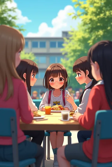 Outdoor high school lunch area with tables, students chatting, and a background of school buildings. A teenage girl sits at a table with popular s, looking happy yet slightly unsure. A few popular girls at the table give her insincere glances, hinting at t...