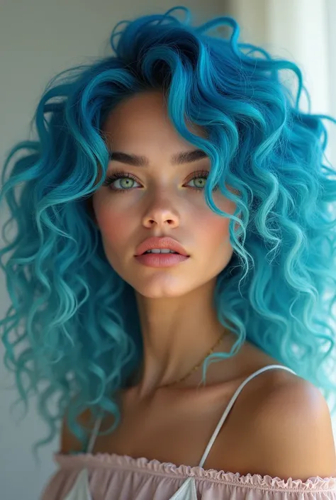 -skin color White
-busty
-electric blue and curly hair color
-intense green eyes
-with Zendayas face
-Millie Bobbys body
-21 years old
-full body
Like that, but full body.
