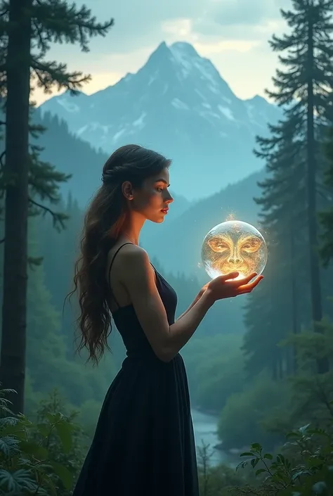  A skinny girl in a black dress with long wavy hair ,  holding in her hand A mystical stone with a hologram of a face ,in the middle of a forest with a mountain high up 