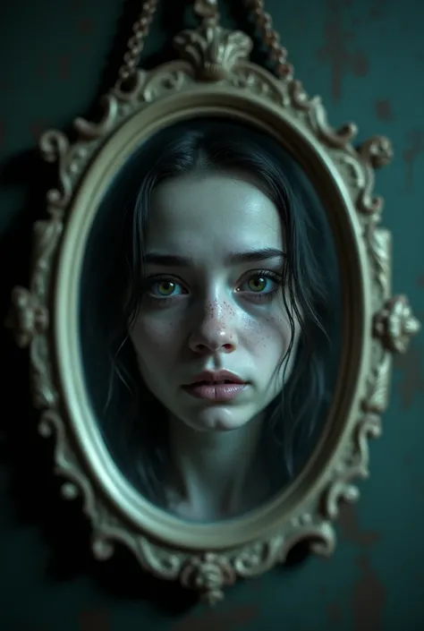 A young woman with a sad expression and pale skin is trapped inside an old mirror. Her features are almost ghostly, with dark details around them. She looks distressed and there is a tragic air in her gaze. Around the mirror, a dark and mysterious environm...