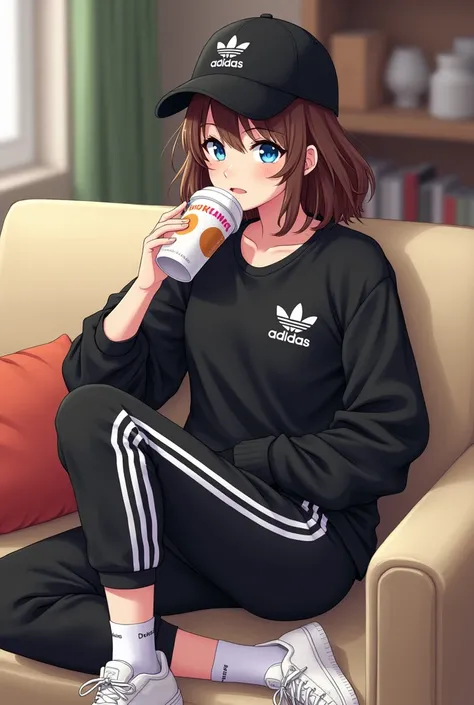 A young woman with medium brown hair wore a black Adidas round-neck shirt from the Adicolor Classics collection featuring white 3 stripes, black Adidas leggings with white 3 stripes, a black cap, white Adidas socks, and white Adidas sneakers. She tucked he...