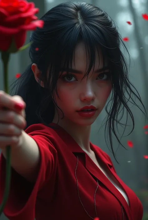  throws rose darts 、 dynamic posing 、Female Assassin、deadly assassin 、Rose flower、 roses like darts 、 beautifully detailed eyes 、Beautifully detailed lips、 highly detailed eyes and faces 、 long eyelashes 、One girl、 real、 photorealistic 、 photorealistic :1....