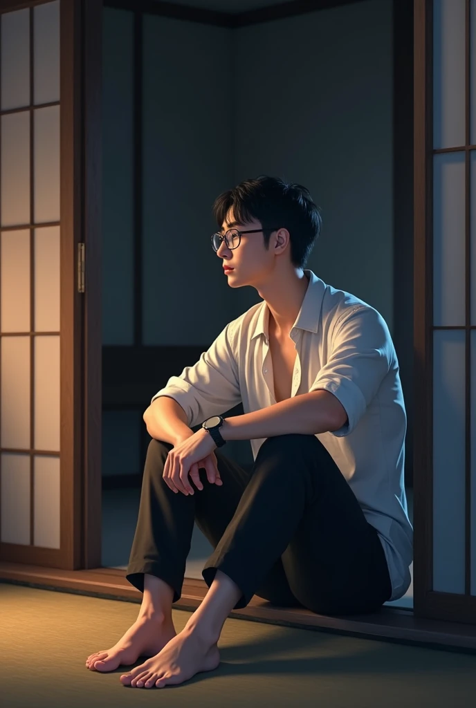 young japanese man in his 20s, black hair, handsome, wears glasses, white shirt, black pants, barefoot, sitting pose, japanese house interior at night