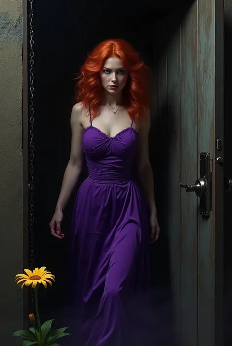  Red-haired woman dressed in purple walking behind a dark door with shadows and chains. In the foreground a yellow flower . realistic 