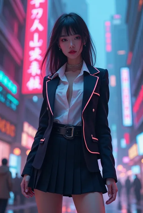 "A tall, Japanese busty women with an emphasis on her super busty figure and curvy body, dressed in a detailed short skirt. The uniform features a fitted blazer that highlights her curves, a crisp white blouse that is slightly open at the abdomen, revealin...