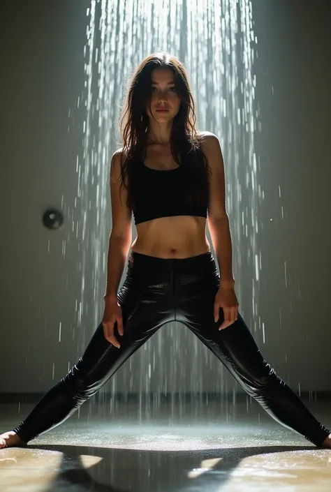 A girl in 20s spreading her legs like when making a split under a running shower wearing long black leggings soaked in water and a wet black crop top, wet clothes, light environment, looking towards the camera, light from the front, wet leggings, light is ...