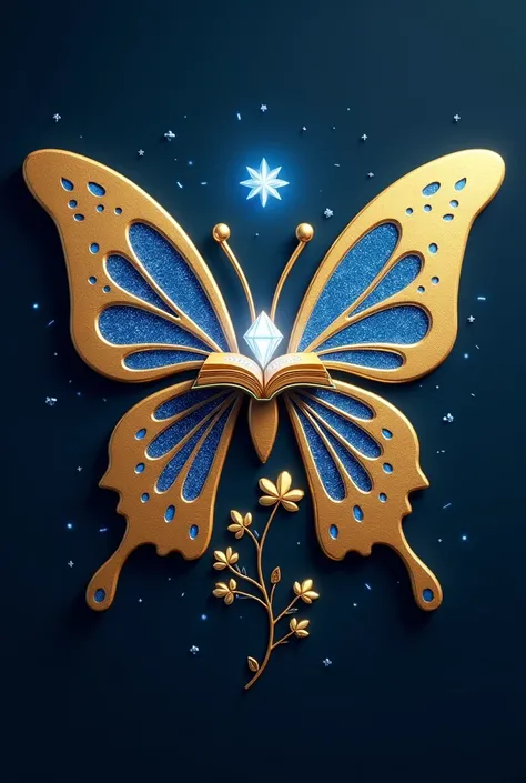  A 3D name logo in the shape of a butterfly wing, the rim of which surrounds a small diamond ornament with inscriptions "SARIFAH AINI "
 inside a shield is a book perched on a flower branch ,  golden gold color mixed shiny and glowing blue ber glitter agai...