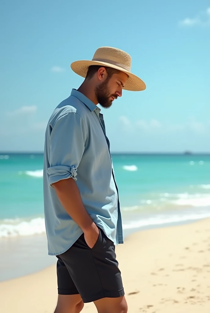 man on the beach with black beach shorts blue linen shirt and with straw hat and looking down