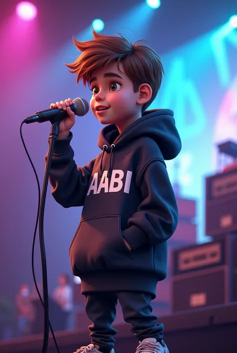 Boy wearing hodie write Aabi on hoodie 
With mic in concert 
