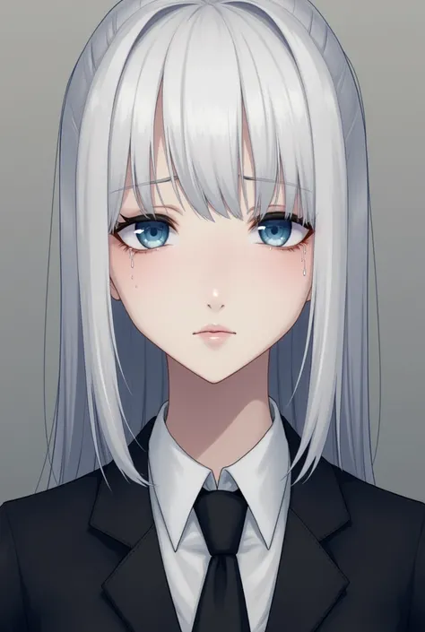 512x512, avatar, Girl, white hair, fair skin, blue eyes, sad eyes, tears under the eyes, sad face, crying, 
business clothes, shirt, black tie, jacket