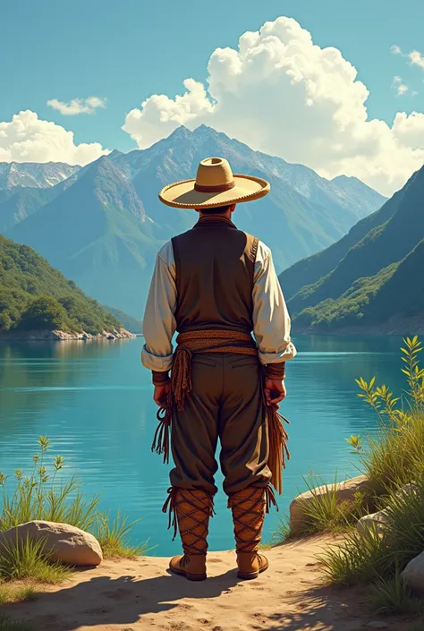 crea una imagen basada en la imagen que ista en ista direccion: Https://www.freepik.is/vector-premium/hombre-sombrero-ropa-tradicional-encuentra-frente-hermosa-iglisia-lago-montanas-detras-el_321043727.htm#FromView =keyword&page=1&position=8&uuid= 5cb60ba5...