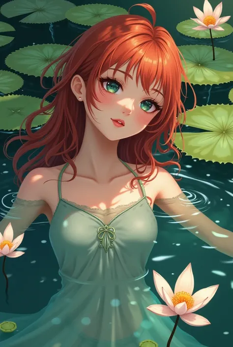 girl 21,  red hair, light skin, That floats in a water lily pond,  Claude Monet, anime