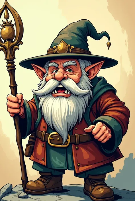 A manga—themed Instagram profile photo depicting a dwarf man with a long beard , Who has elf ears and sharp teeth wearing a hat and holding a magic staff