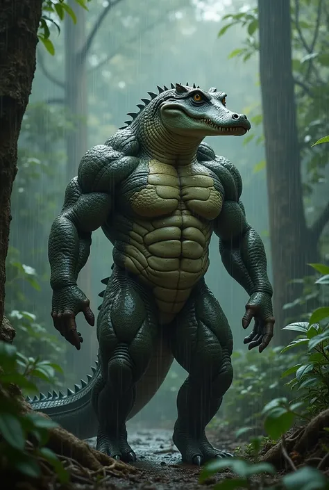 I Want  Bodybuilder Mascular Alligator Standing In Rainy Weather In Forest