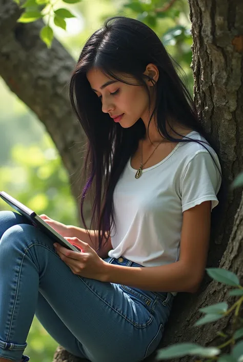 Belle Latina de 20 ans, aux cheveux noirs long aux pointe violette, habillée dun jean troué et dun tee-shirt blanc, a la silhouette fine et athlétique est assise sur les branches dun arbre entrain de lire une tablette alors que trois serpents se dirige len...