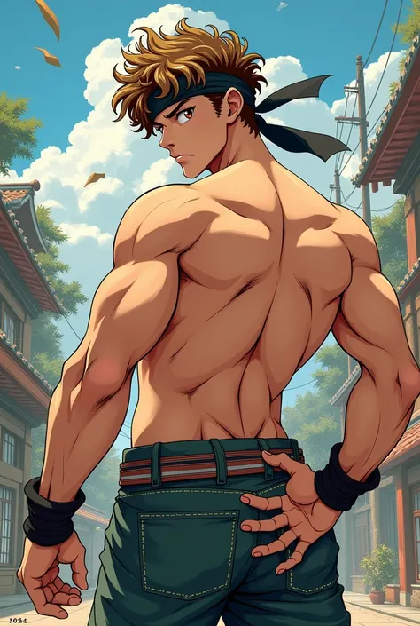 Anime-style comic panel: very muscular shirtless boy, curly hair, brown with blonde tips ,  brown eyes, ninja headband,  showing off her big butt 