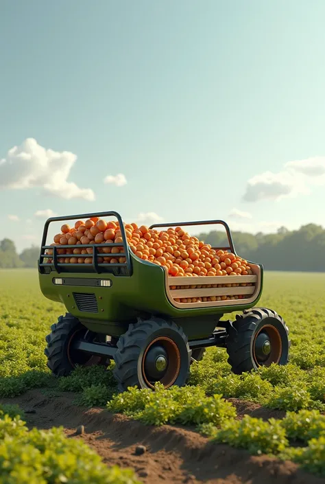  A cart for the harvesting field with large adjustable platform, modern and with a basket for storing fruits and with a comfortable seat for a person who can handle it 