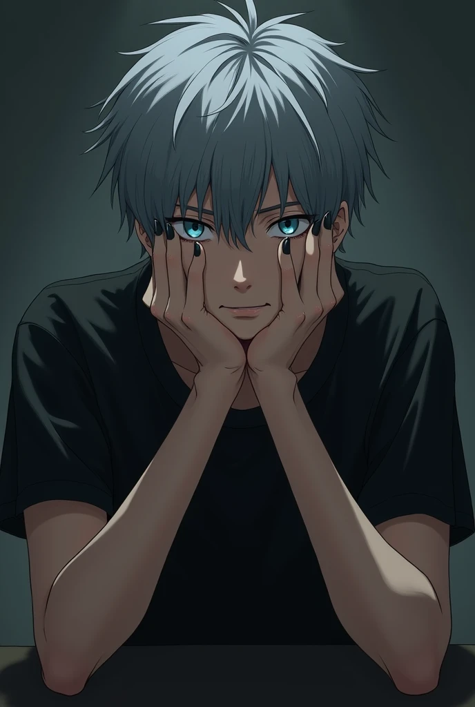 Create a realistic anime,
masterpiece, 8k Quality, High quality, best quality, impasto, solo, 1 male, handsome, 18-years-old man, gloomy, short hair, grey hair, pale blue eyes, black t-shirt, black nails, thin, awkward smile, upper body, hands on chin, loo...