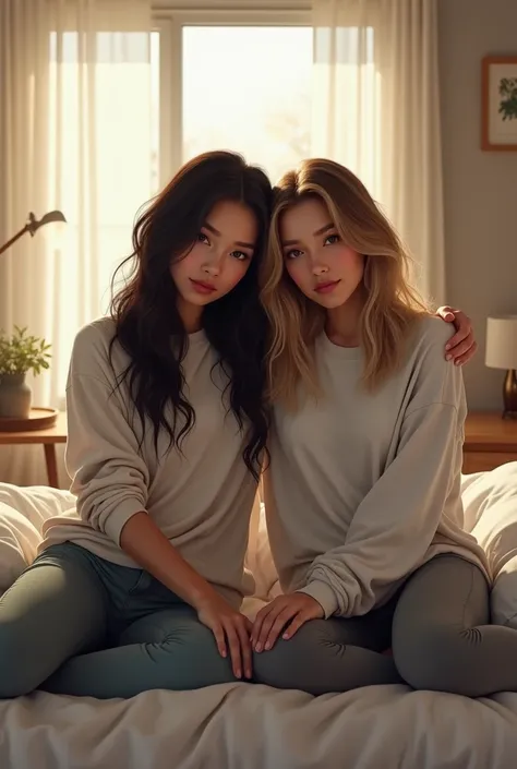 (photorealism:1.2), beautiful 2 women,  sitting on the bed,  wearing a loose-cut long sleeve t-shirt , Leggings,  Long wavy hair,  one has black hair and the other brown with lights and blonde locks, in the bedroom,   soft lighting , modern bedroom furnitu...