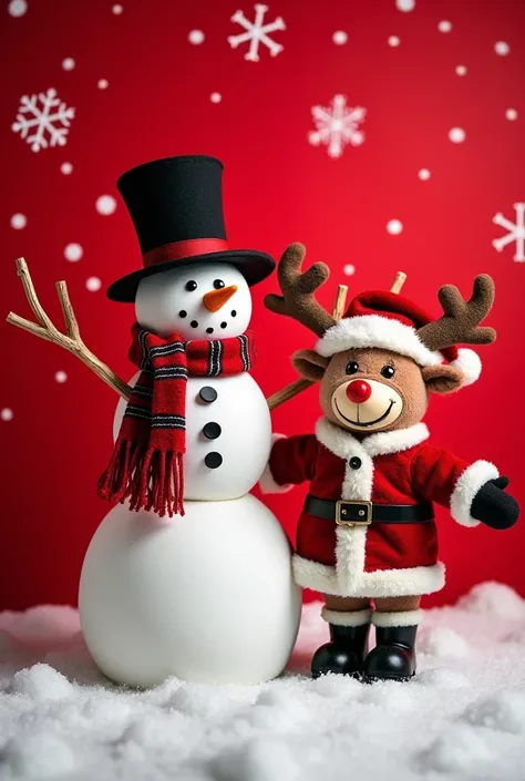 snowman with scarf and black hat decorated with rafters with a cute reindeer smiling with open arms wearing a Christmas hat with a Christmas jacket and black boots red background with white flakes and snow floor 