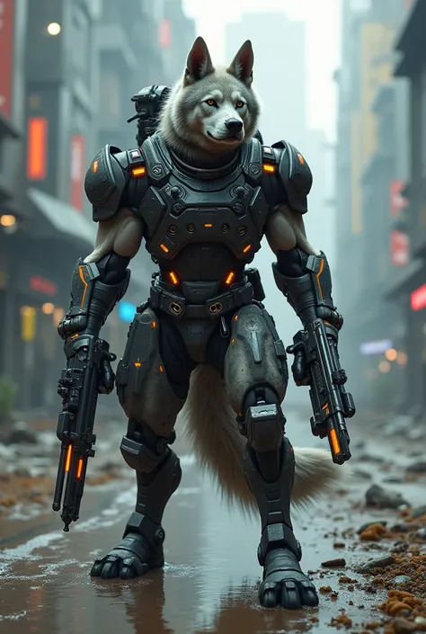 Futuristic dog soldier with heavyguns 