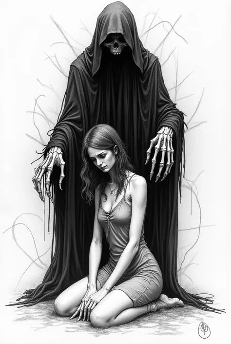 A monochrome ballpoint pen drawing featuring the themes of death and emotional turmoil, personified by a grim reaper and a melancholic figure. The grim reaper, cloaked in dark, flowing robes, looms ominously in the background, with skeletal hands extending...