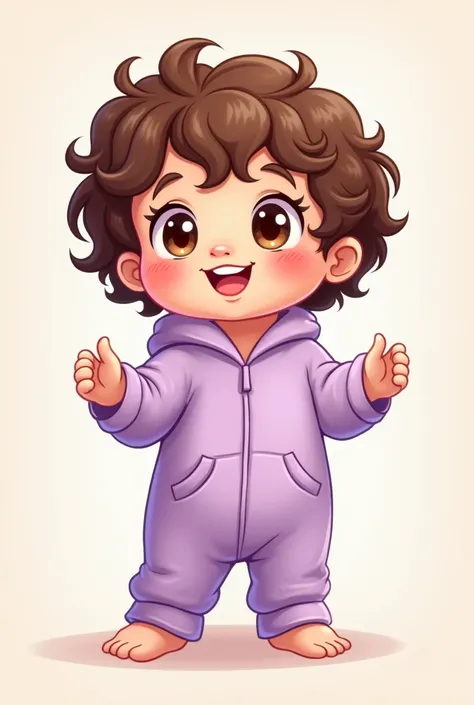 A cute cartoon style baby with curly hair, fair skin, brown eyes wearing lilac full body clothes