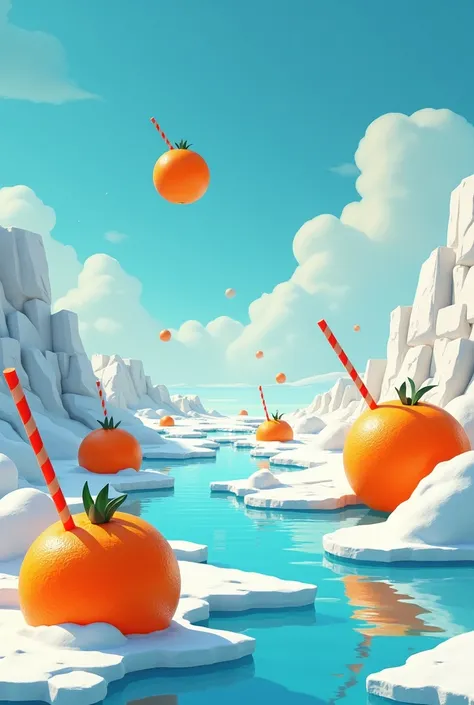 a stylised and fantasy enviroment, a frozen polar derset with a pond, orange joice instead of water, some giant oranges stuck in ground and some floating, some oranges in slices only, blue sky, some oranges in ice, some oranges have straw pipes with red st...