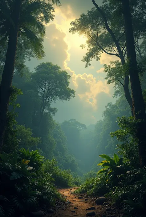 A real photographic of a brazilian indian insise a rainforest with some lots of plants and wild animals on, painting with incomparable reality,Super wide,Ominous sky,Harry potter,Volumetric lighting,Clearing,Realistic,James gurney,artstation --ar 16:9
