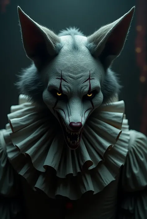 Evil clown with the head of a black fox