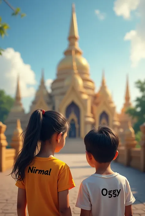 Make a photo with girl and boy sanding towards the temple of the tooth relic standing infront of it. The t shirts name Nirmal and Oggy 