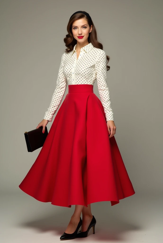 White Polka Dot Blouse with High-Waisted Red Skirt

Outfit: A white blouse with small black polka dots, tucked into a high-waisted red circle skirt.

Accent: Pair with black Mary Jane heels, red lipstick, and a black clutch. A black headband or hair scarf ...