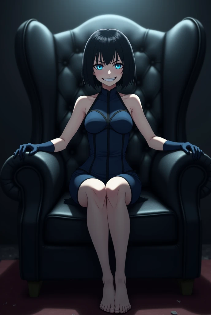 A small woman with short black hair has bright blue eyes that reflect coldness, power and control. .  has an evil smile that shows satisfaction and dark intentions and is dressed in an elegant small dark blue dress with black touches and has black gloves t...