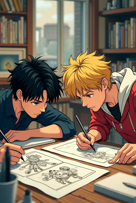 two male character making manga one blonde one with black hair 