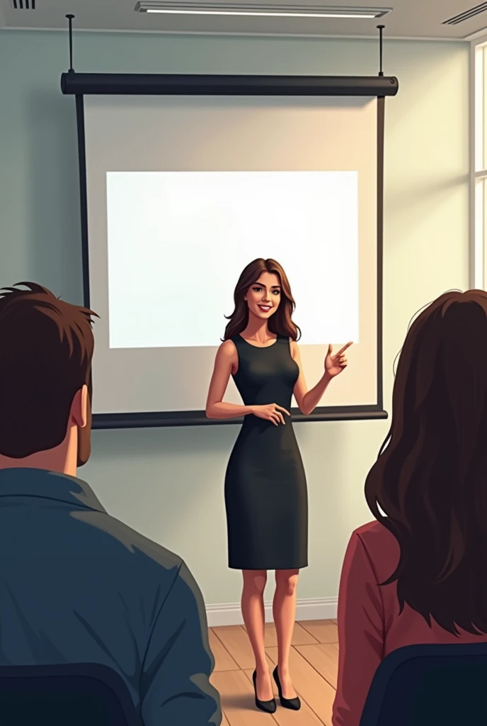 A Brazilian woman turned on her back in a knee-length black dress giving a presentation in a meeting room with five people in simple clothes watching with a blank projector screen