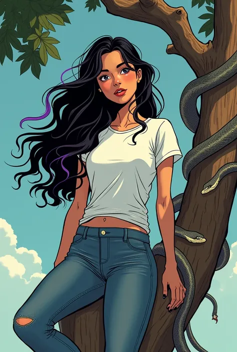 Style comics. Une belle Latina de 20 ans, aux cheveux noirs long avec des pointes de couleur violettes, habillée dun jean troué et dun tee-shirt blanc, a la silhouette fine et athlétique, est assise dans un arbre, sur des branches, encerclé par des serpent...