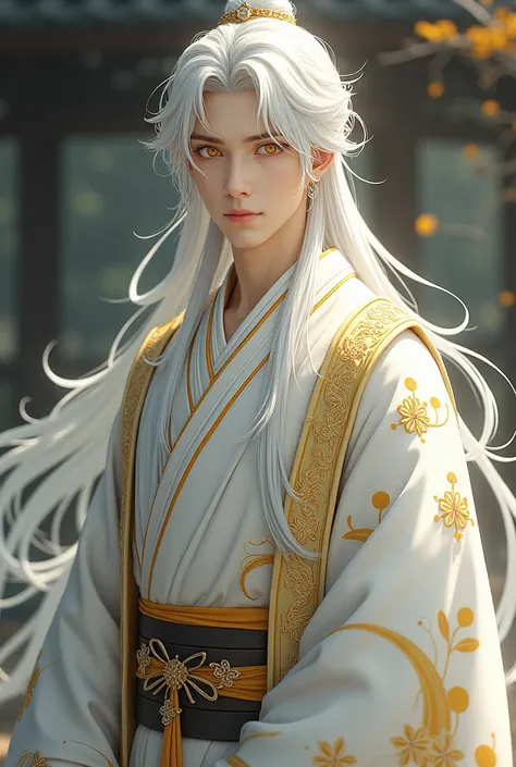 a man in white and gold kimono with light details and white hair and bright yellow eyes,  Realistic anime style.