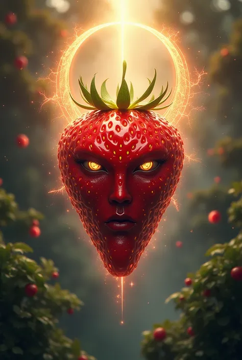 Draw a strawberry with a legendary mythical face with rays around it