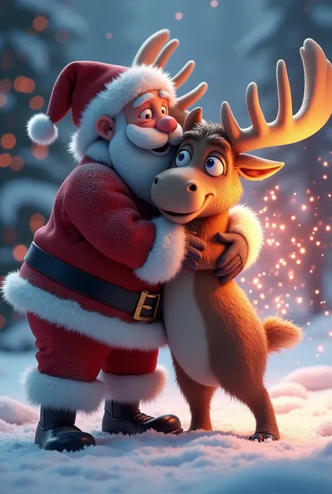 Little Moose, his eyes shining with determination, leans in to hug Santa Claus . His muscular, though small, arms tremble as his aura of white and red energy lights up. Sparks shoot from his body as he channels his power into his father.. The animation sho...