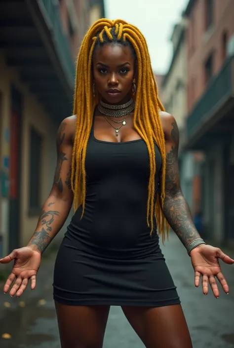 Real black woman bodybuilder, tattoos, with yellow dreadlocks, in heels, front view, without smile, presents right and left hand, in very short secretary dress, with tights, dark street background